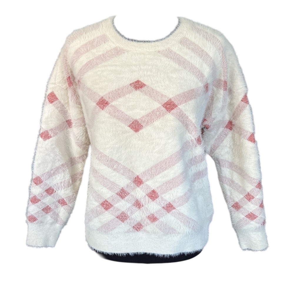 FRNCH Paris Ivory & Metallic Orange Diamond Print Eyelash Sweater, S/M, Stretch
